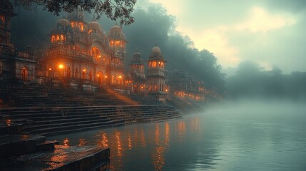 Obraz premium Mystical Dawn at the Ghats: A Serene Indian Temple by the Lake