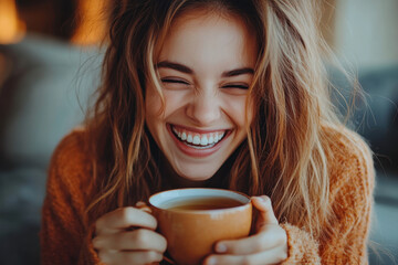 Woman smiling with a cup of coffee in hand.