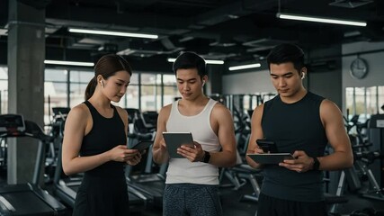 Three asian people using tablets and phones in a gym with treadmills - Powered by Adobe
