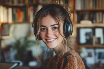 Woman in headphones stands before bookshelves, absorbed in reading.