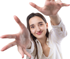 Portrait of attractive young woman wants to hug you, isolated on grey background.
