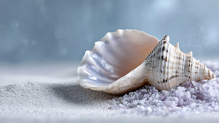 Seashell Still Life on Beach Sand with Soft Blue Background