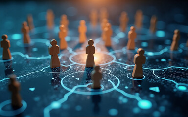 Wooden figures arranged on a glowing network, symbolizing connection and community.  A central figure is brightly illuminated, suggesting leadership or influence.