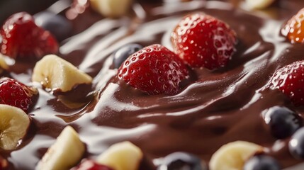 Rich Chocolate Sauce with Fresh Strawberries and Bananas on Top