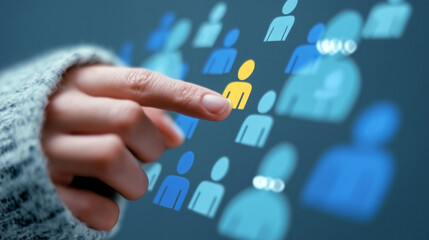 Unique Talent Selection Concept, Finger Pointing at a Yellow Figure Among Others, HR, Personal Selection, Artificial Intelligence in Hiring, Leadership Potential Assessment, Corporate Team Building