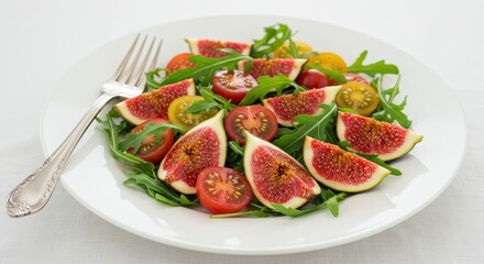 A plate of fig and tomato salad with arugula and a fork on a white surface in a bright setting