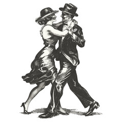 20s cabaret dancers, vintage couple, man and woman, black retro sketch, engraved vector, stylish twenties fashion, old school art, cut out object, elegant costume design