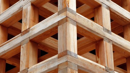 Close-up of the wooden framework of a cubic house, highlighting the intricate joinery - skillful handmade structure pattern