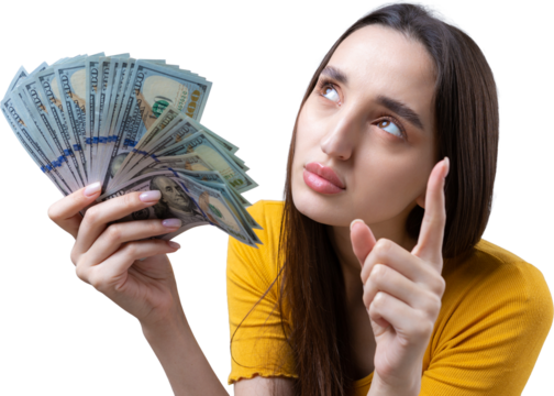 Photo of a wealthy woman in simple clothes holding a fan of dollar money isolated against a concrete wall background