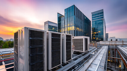 Rooftop HVAC Systems with City Skyline at Dusk