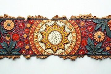 Intricate Roman mosaic fragment on pure white surface, tessellae, civilization, mosaic