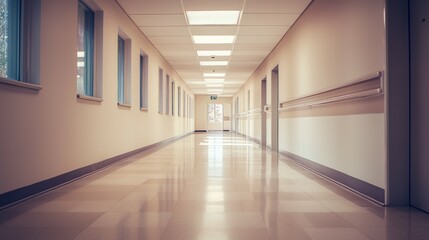 Obraz premium Bright and Serene Hospital Corridor with Natural Light and Clean Design
