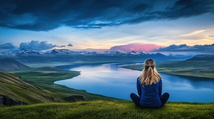 Fototapeta premium Serene Sunset: Woman Contemplating Majestic Mountain Lake
