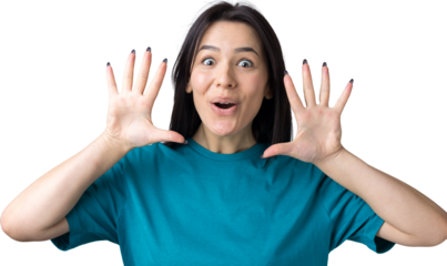 Young beautiful woman with facial expression of surprise standing over gray background.