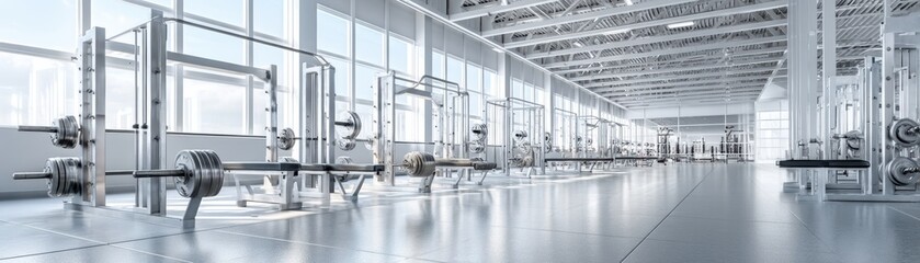 Gleaming chrome and steel weight machines fill a spacious gym interior, sunlight streaming through large windows - layout training machines atmosphere