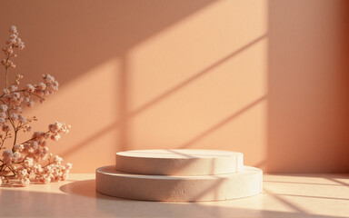 A minimalist scene features a two-tiered, pale-pink pedestal bathed in warm sunlight against a peach wall. Dried flowers add a touch of nature.  Ideal for product display.