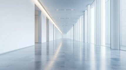 Obraz premium Modern Minimalist Corridor with Bright Windows and Reflective Floor