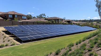 A sprawling array of dark-blue solar panels, arranged in a grid pattern, mounted on a metal frame angled towards a clear blue sky.