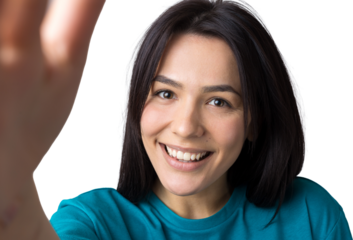 Portrait of attractive young woman wants to hug you, isolated on grey background.