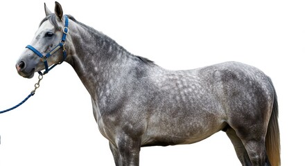 A dapple gray horse stands in profile wearing a blue halter and lead rope against a white background