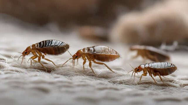 Close-up exploration of fleas on fabric showcasing their intricate features during daylight hours