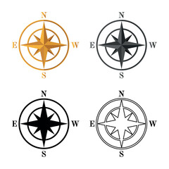 A set of compass icons. The wind rose. Gold color, gray. black outline, black silhouette. Navigation device. vector illustration, isolated on a white background, for design and the Internet.