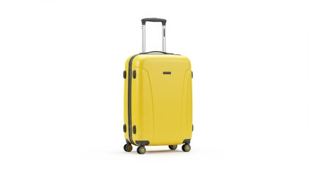 A bright yellow suitcase with a silver handle standing on a white surface in a studio shot view