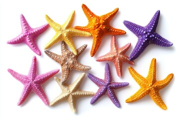 An assortment of colorful starfish arranged on a white background creating a vibrant display of sea life