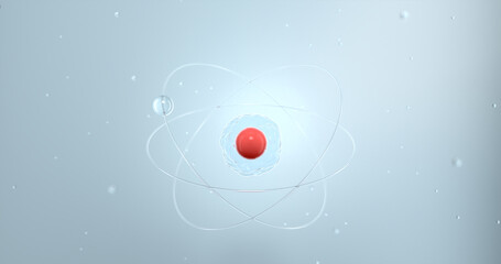 3D illustration of an atom model with elliptical orbits and nucleus, clean scientific concept, white and light gray tones, suitable for educational, technology, and futuristic science themes.