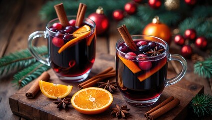 Hot mulled wine served in a glass mug garnished with berries, cinnamon sticks, and star anise on wooden table, top view