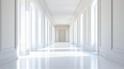Bright and Spacious Hallway with Arched Windows and White Walls