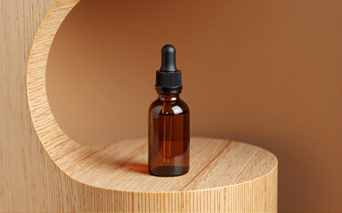Amber glass dropper bottle of essential oil sits on a light brown wooden display. Minimalist, clean aesthetic. Product photography.