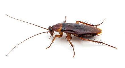 Isolated cockroach with long antennae and spiky legs on a white background in a studio shot view
