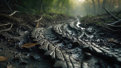 Naklejka premium Muddy cycling trail directing to dry ground where the texture is apparent in the wet mud.