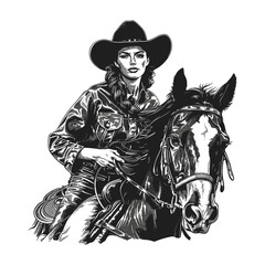 Beautiful young cowgirl woman riding horse, vintage engraving vector illustration, black sketch, old engraving style, western fashion, trendy, horseback riding, cowboy