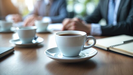 Fototapeta premium Business objects and a coffee cup in the morning workplace