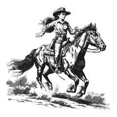 Young cowgirl riding horse, vintage engraving, old style illustration, black sketch, western trends, cowboy theme, rural beauty, horseback riding, western fashion, wild west art