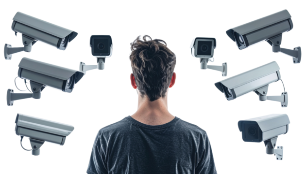 A single figure surrounded by surveillance cameras, symbolizing social control, isolated isolated on transparent background