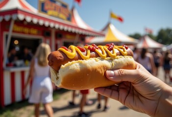 Tasty hot dog with mustard and ketchup held at summer fair  