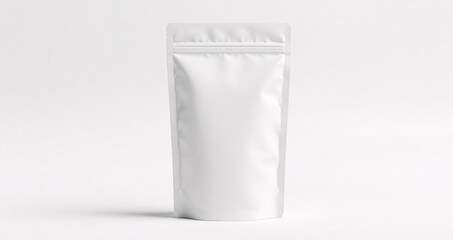 Minimalist white standing pouch with soft natural shadow on bright background. Perfect clean mockup for professional product packaging and branding displays.