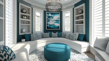 A chic modern living room in a teal and white color scheme, with built-in shelving that provides both storage and aesthetic appeal. Colorful accent pillows on the sofa add pops of color, 