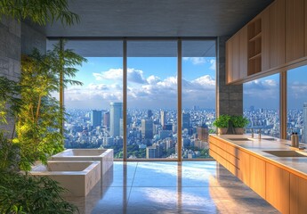 Modern Minimalist Bathroom with Panoramic City View