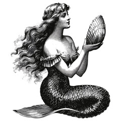 Vintage mermaid holding shell, retro engraving style, black icon, old illustration, trendy, black sketch, seashell, ocean art, mermaid drawing, vintage ocean decor © Icons bundle Studio