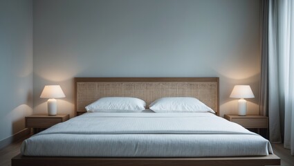 Modern bedroom decor with a wooden bed, headboard style, crisp white linens, and coordinated bedside tables with lamps