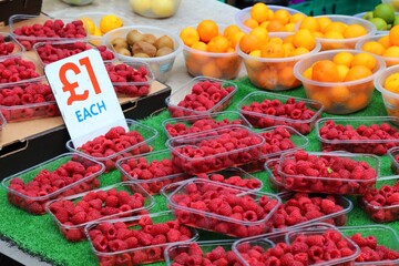 Boxed raspberries at a British market