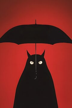 Mysterious black cat lurking under ominous umbrella
