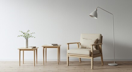Minimalist interior with armchair, lamp, and plant on table against white wall
