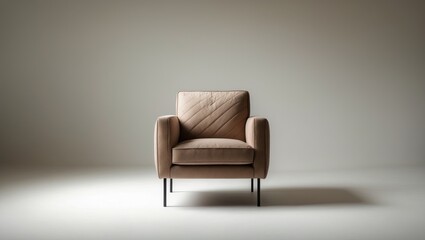 Modern armchair upholstered in brown cloth against a white backdrop