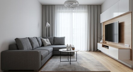 Modern living room interior with gray sofa and television set