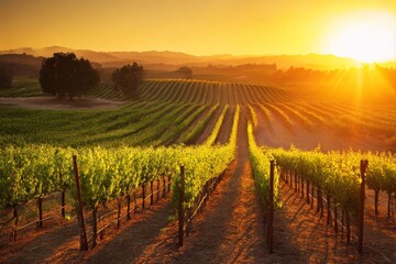 Naklejka premium A picturesque vineyard at sunset with rows of grapevines glowing in warm golden light Generative AI